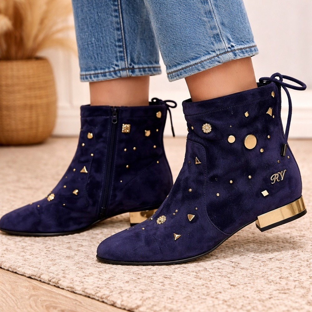 Roger Vivier Navy Suede Studded Ankle Booties